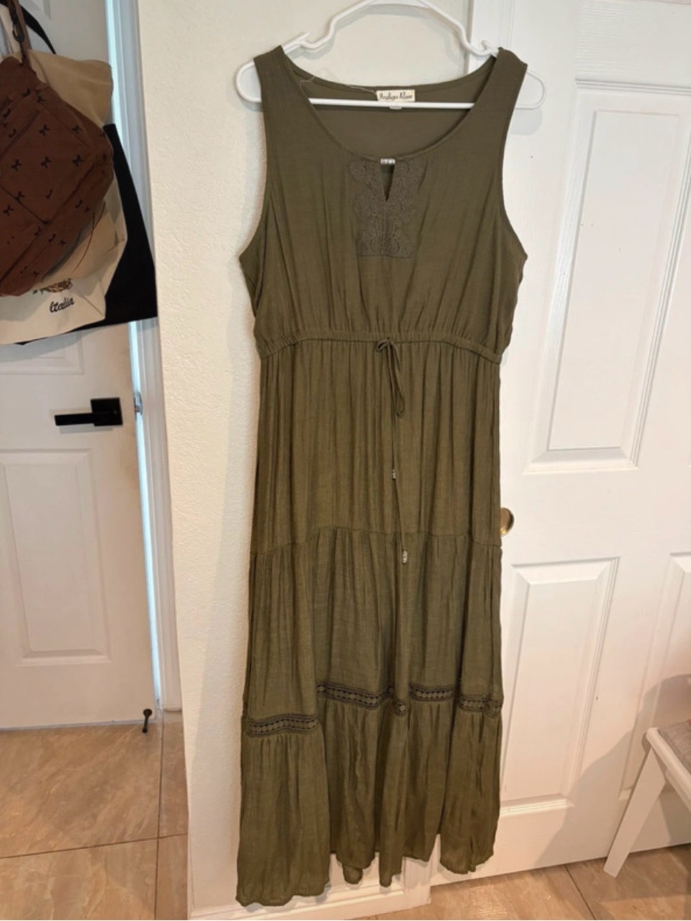Boho Olive Maxi Dress with Drawstring Waist